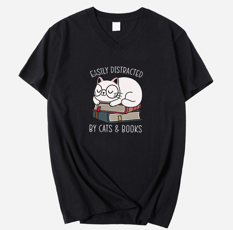 Easily Distracted By Cats & Books V-Neck