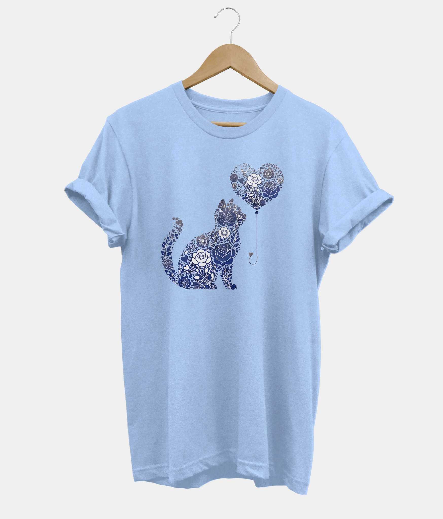 Flower Heart Cat t-shirt in light blue