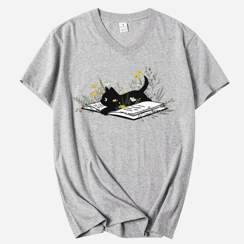 Kitten, Books & Flowers V-Neck