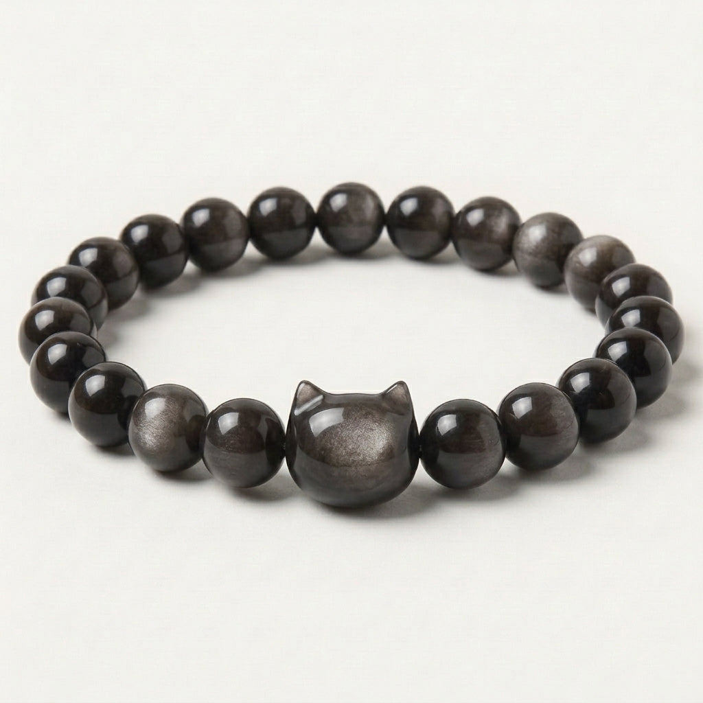 Silver sheen obsidian cat bracelet