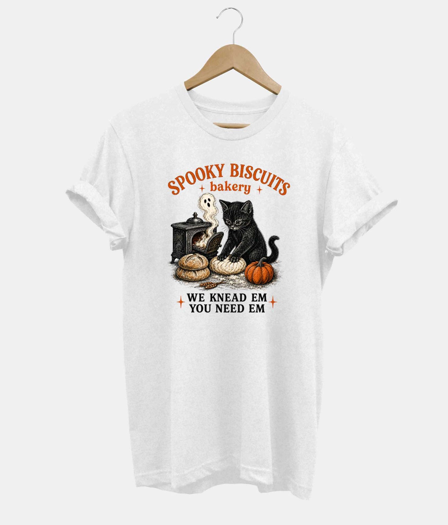 Spooky Biscuits Bakery Halloween kitten t-shirt in white