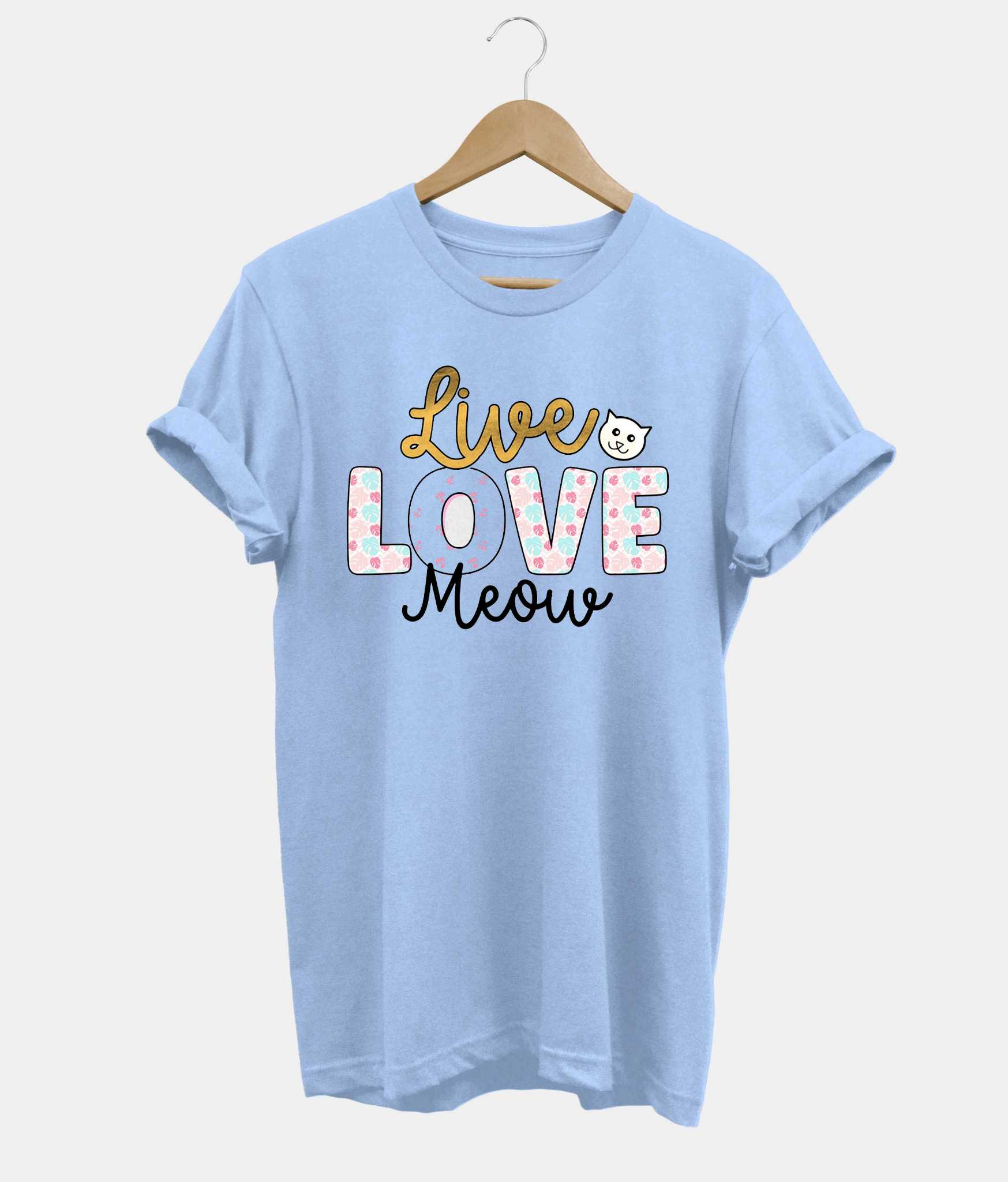 Live Love Meow t-shirt in light blue