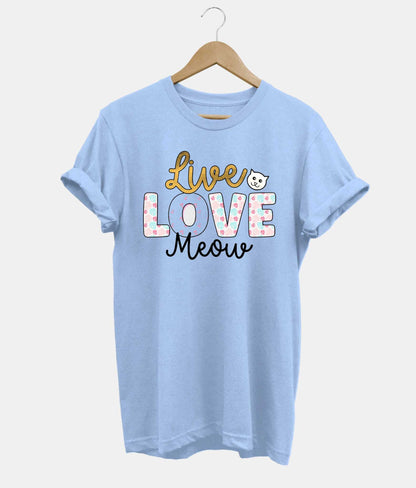 Live Love Meow t-shirt in light blue