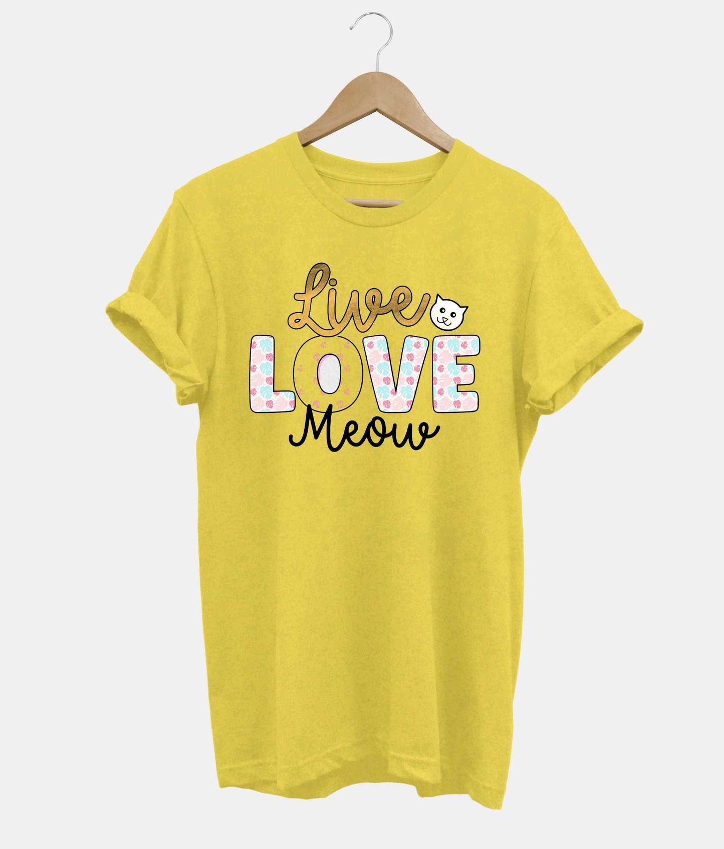 Live Love Meow t-shirt in yellow