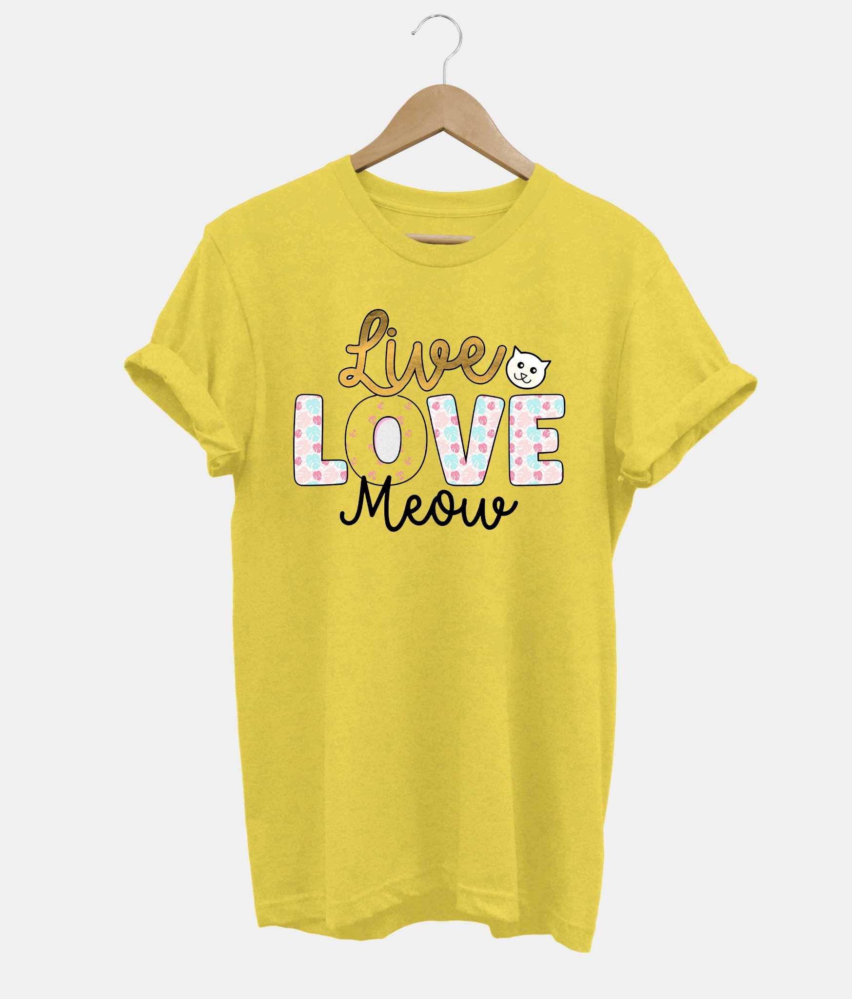 Live Love Meow t-shirt in yellow