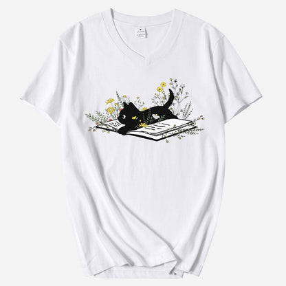 Kitten, Books & Flowers V-Neck